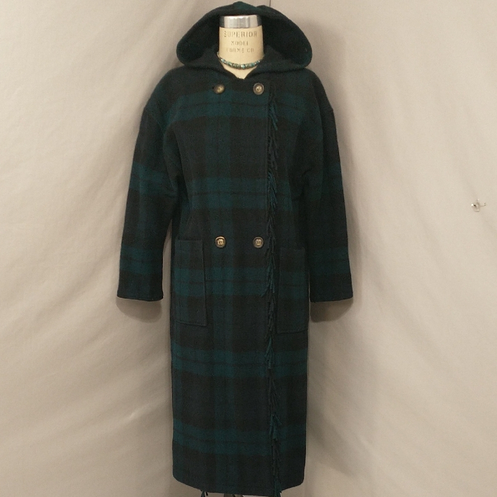 Vintage Wool Plaid Blanket Coat L.L. Bean USA Made Black Watch Tartan See Measur